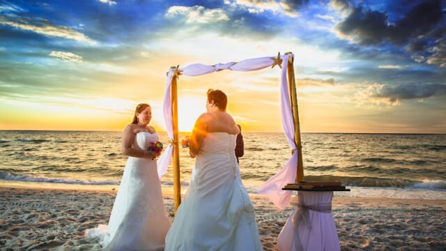 Bride on a bridge in her dress